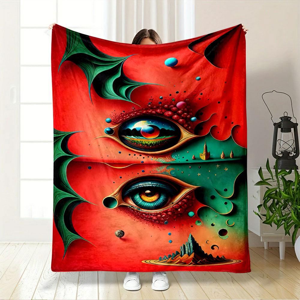 Two surreal, detailed eyes with vibrant colors surrounded by abstract forms. for all seasons blanket lunch break throw gift
