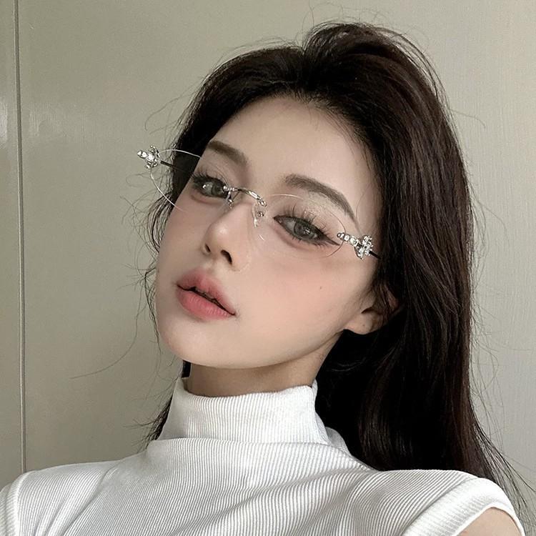 Penne Jewelry Diamond Rimless Glasses Women's Oval Advanced Sensitive Flat Lenses Degree Myopia Eye Holder