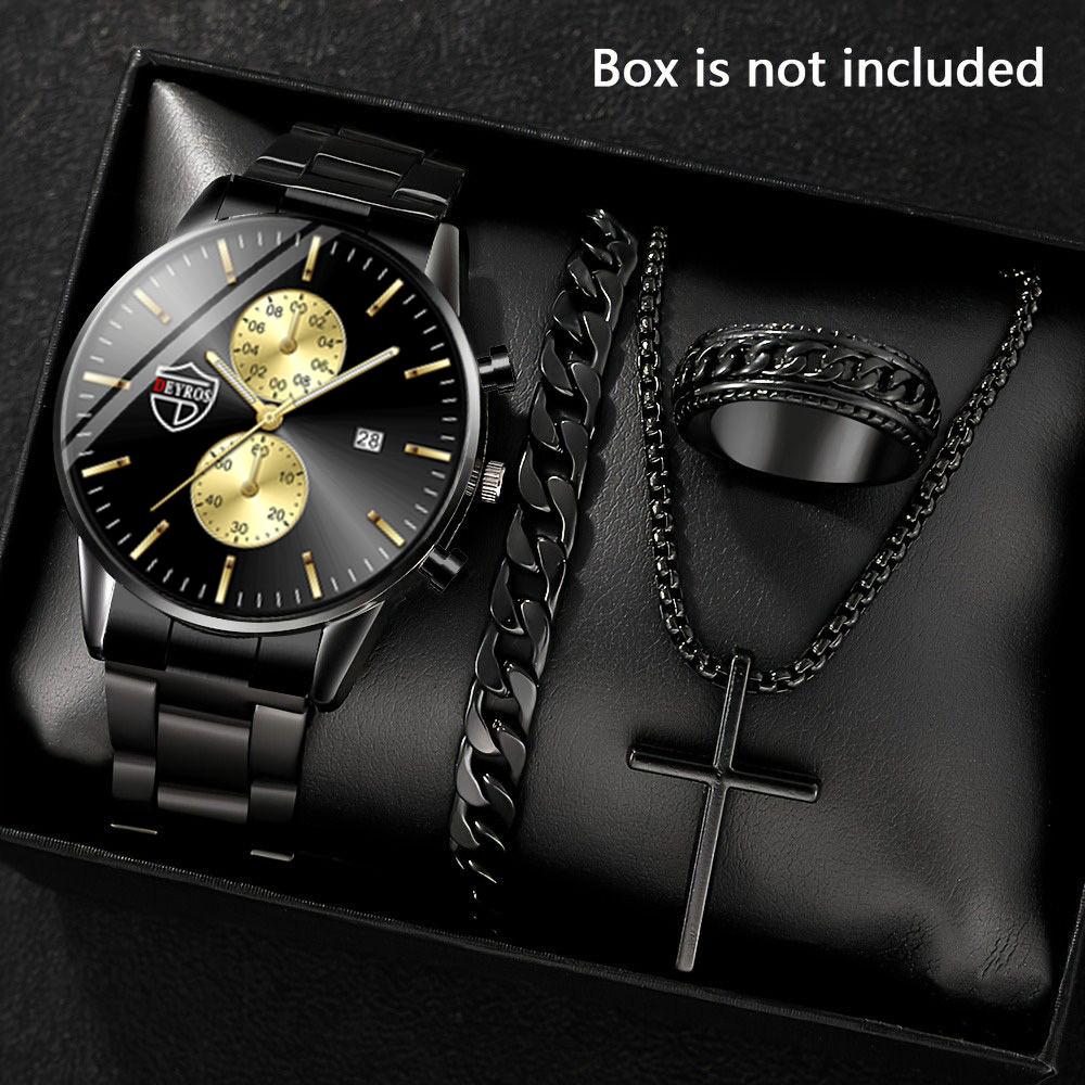 4pcs/set Simple Hands Round Black Quartz Watch and Black Cross Pendant Necklace, Ring, Bracelet Set, Gift To Him