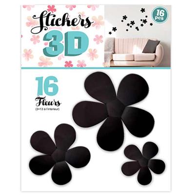 [Q8034] - 16 Black 3D 'Flowers' Stickers - Sheet 30x22 Cm
