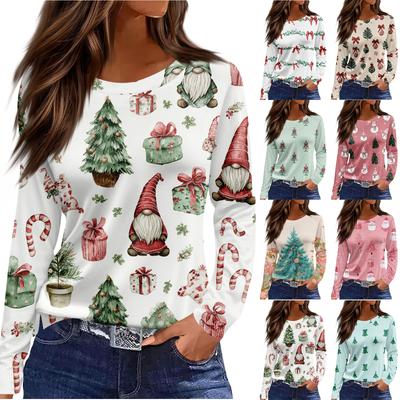 Женский повседневный топ с длинным рукавом и принтом, с круглым вырезом