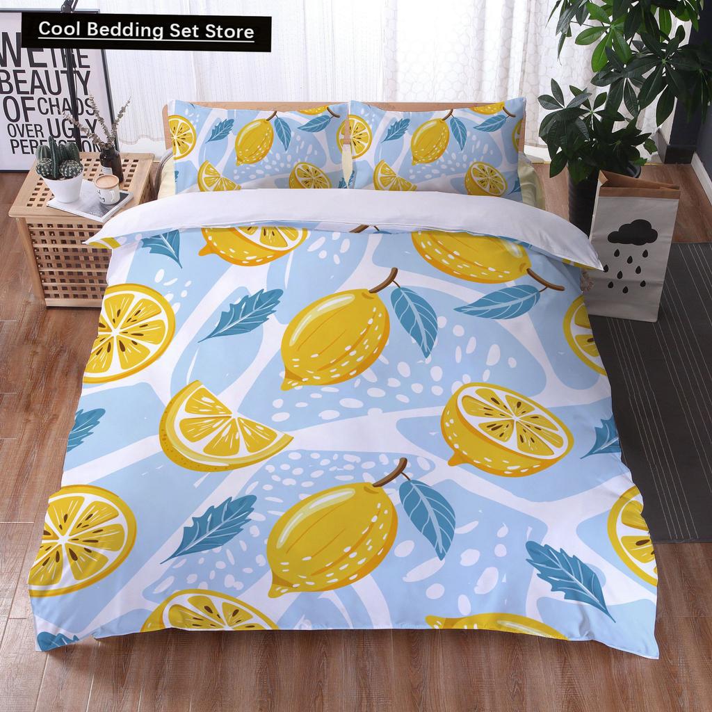 Постельный комплект с принтом лимонов Желто-зеленый Фруктовая тематика Розовый Пододеяльник Размер Кинг/Евро Милый Мультяшный 2/3 шт. Полиэстеровый Чехол для одеяла