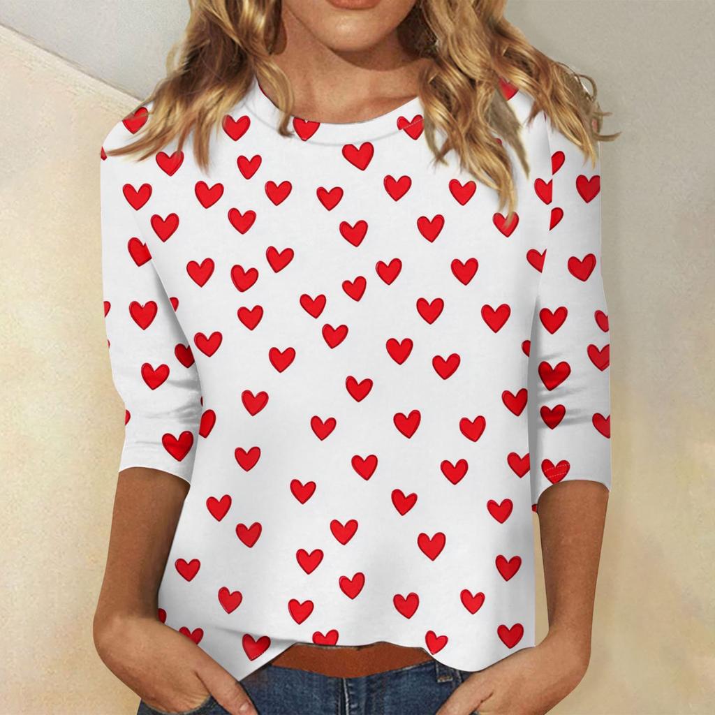 Женские топы с рукавом три четверти и круглым вырезом, свободная футболка с принтом ко Дню святого Валентина