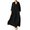 Autumn Spring Women Maxi Dress A-line Loose Hem Long Sleeves V Neck Pleated with Side Pockets Pullover Pure Color Daily Wear DressHandbags