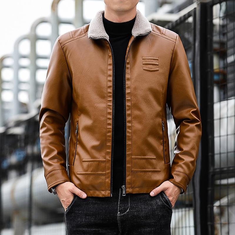Autumn and Winter New Men's Leather Jacket Jacket Jacket with Plush and Fashionable Slim Fitting Youth Casual Motorcycle Jacket Leather Jacket