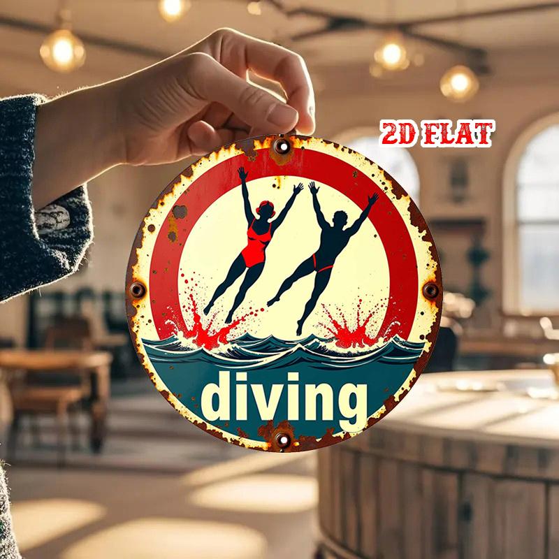 D Flat  Round Aluminum Sign with a Diving Theme Featuring a Retro Design This Rustic Metal Wall Art Is Perfect for Sports
