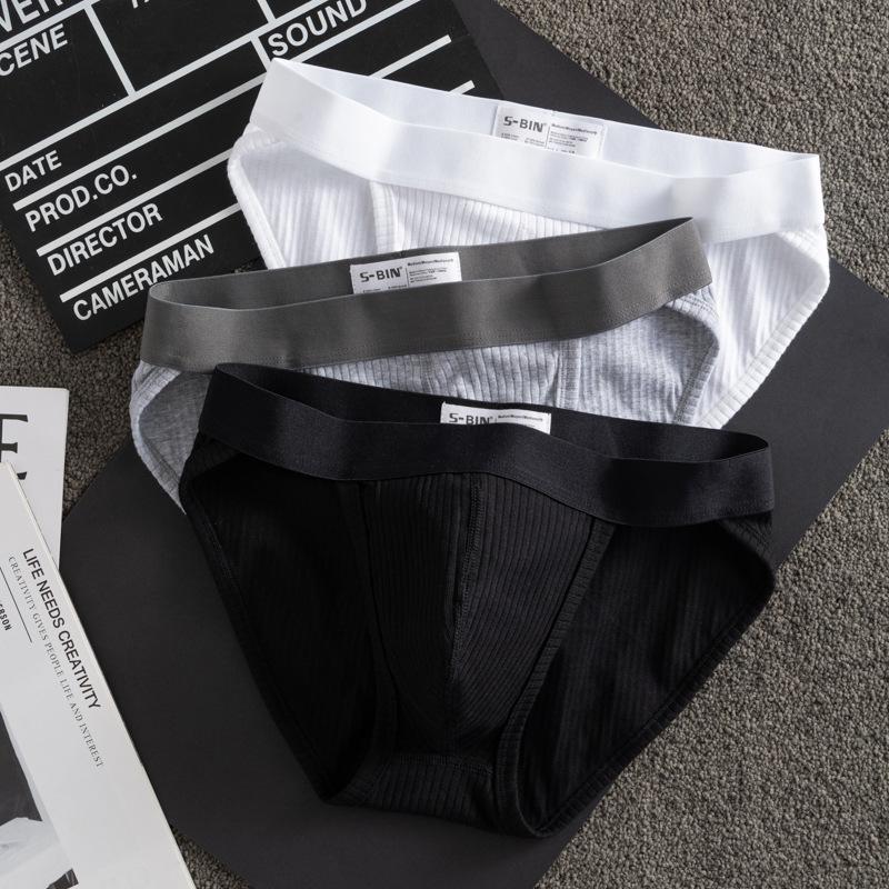 Мужские трусы-слипы в рубчик из чистого хлопка - Однотонные, Дышащие, Влагоотводящие, С высоким вырезом, С большим гульфиком, Четыре сезона.