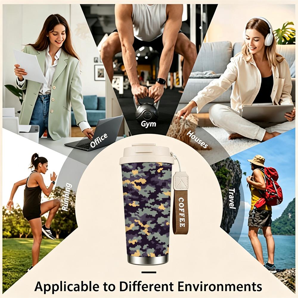 Camouflage Printed Leakproof Stainless Steel Insulated Coffee Tumbler Vacuum Thermal Cup for Travel Office Hiking Daily Use