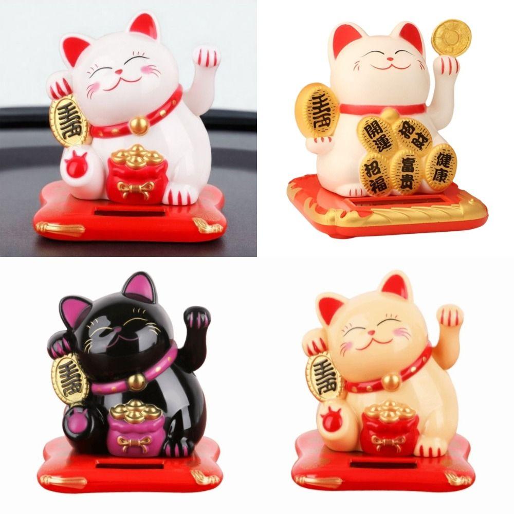 Solar Powered Fortune Cat Figurine Waving Wealth Waving Hand Cat Ornaments for Home, Office