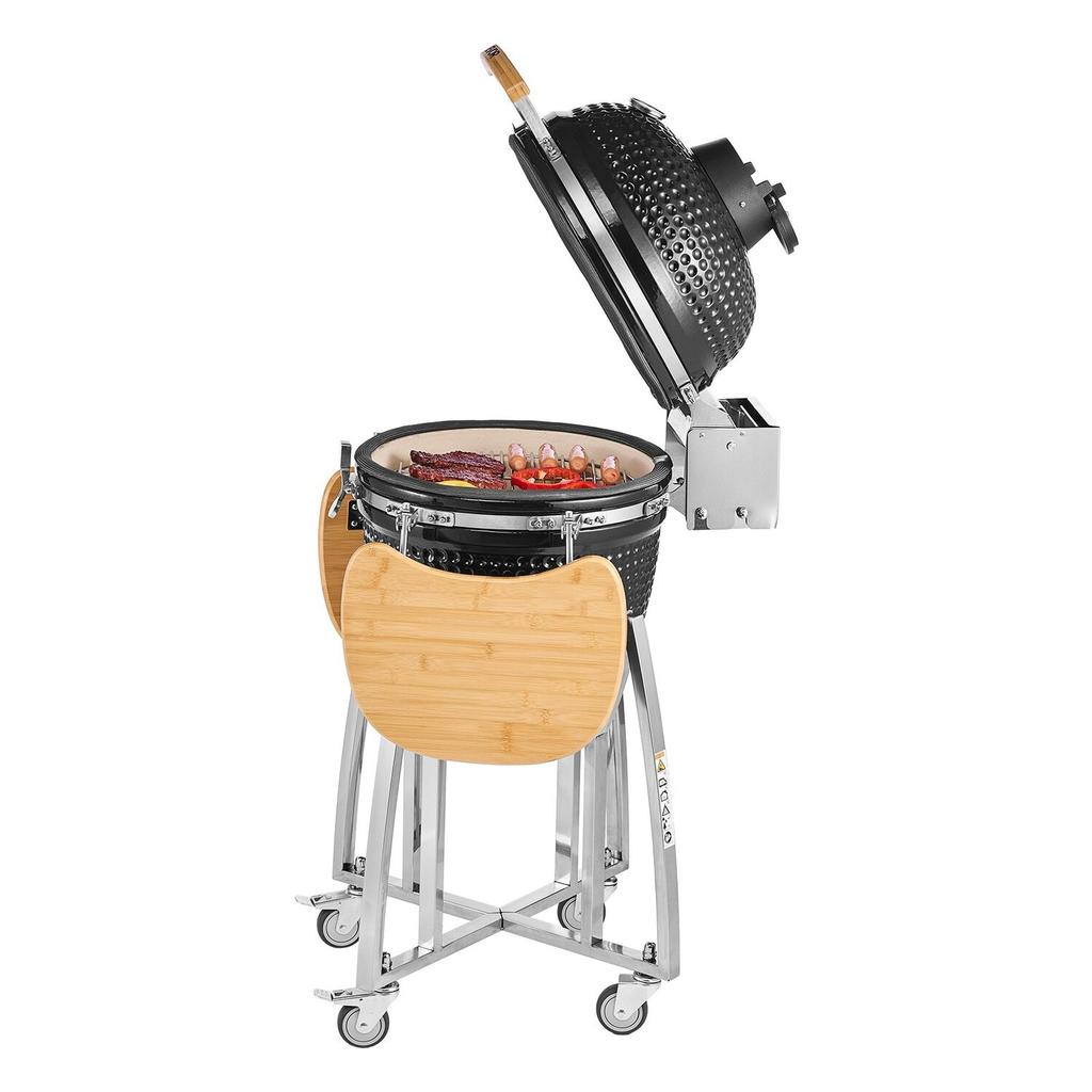 Charcoal Smoker and Grill, 450mm Kamado Charcoal BBQ Smoker, Movable Ceramic Barbecue Grill with 4 Wheels (2 Lockable), Built-in Thermometer, Air Vent