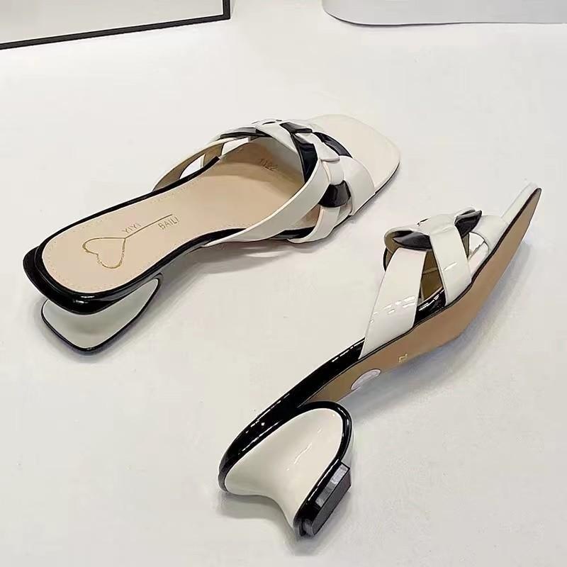 2025 Summer New British Style Color Matching Cross with Cool Slippers Women Wear Thick Heel High Heel Cool Slippers Women