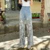 Women's Lace Patchwork Jeans Summer Straight Slim Retro Casual Pants