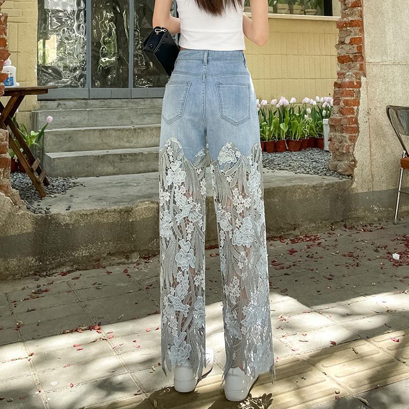 Women's Lace Patchwork Jeans Summer Straight Slim Retro Casual Pants