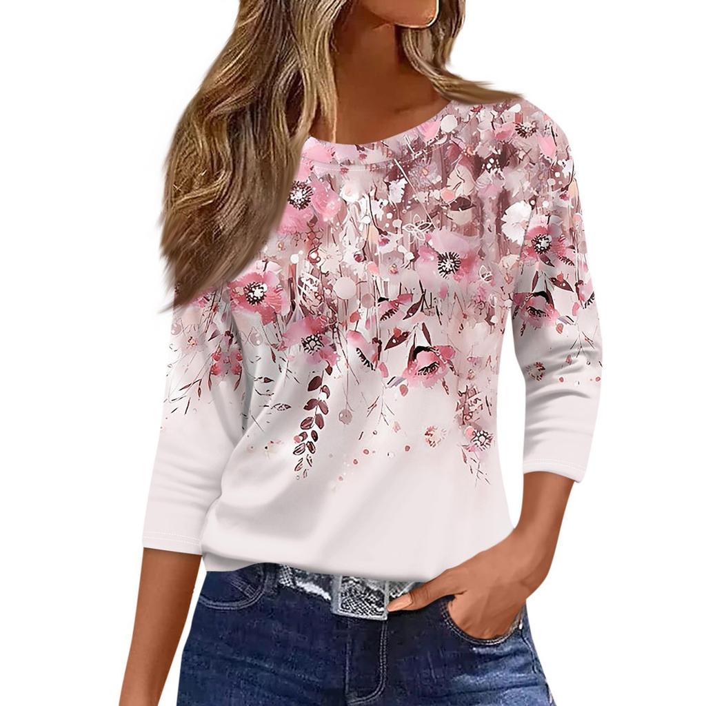 Women's Casual And Fashionable Floral Print Round Neck Top With Seven Quarter Sleeves And Loose Fit Top