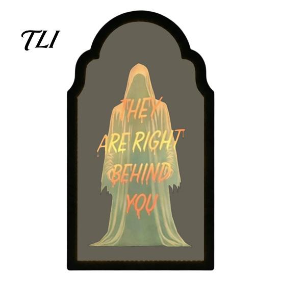 Lighted Wall Decor Light Up Ghost Mirror, Arched Wooden Frame Ghost/Grim Reaper Halloween Creepy Desktop Mirror Soft Ambient Decorative for