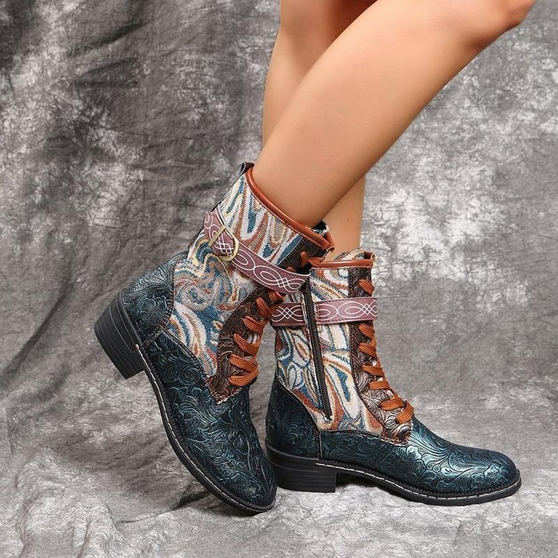 Lace -Up Platform Women Boots Thick Heel Mid -Tube Embroidery Women Boots Elegant Floral Ethnic Women Shoes Mid -Tube Boots Fashion