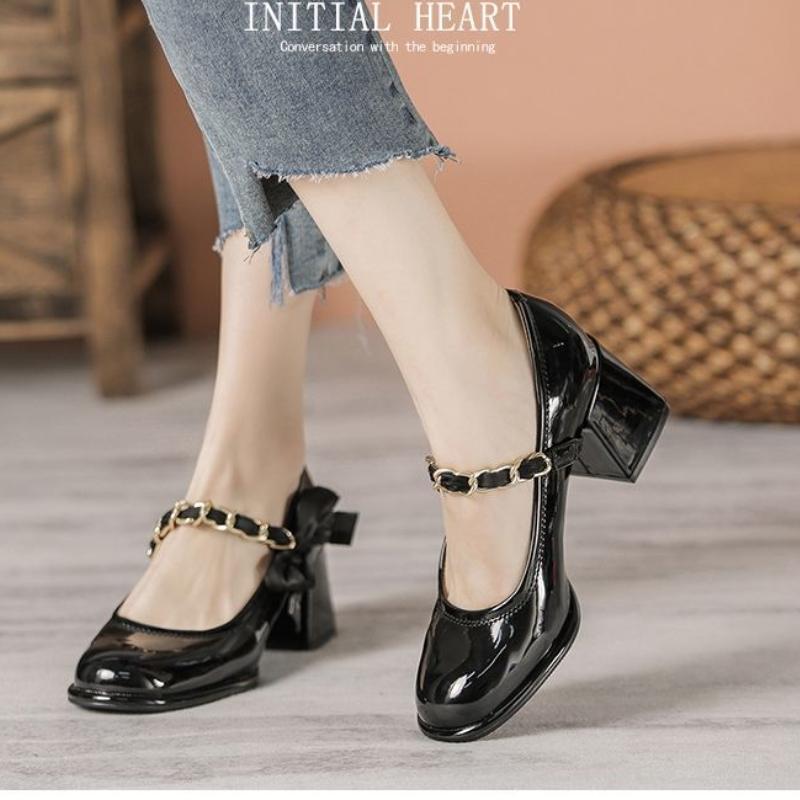 Туфли на толстом каблуке, женские, весна 2024, новые женские туфли Мэри Джейн из лакированной кожи, универсальные туфли на каблуке с неглубоким носком