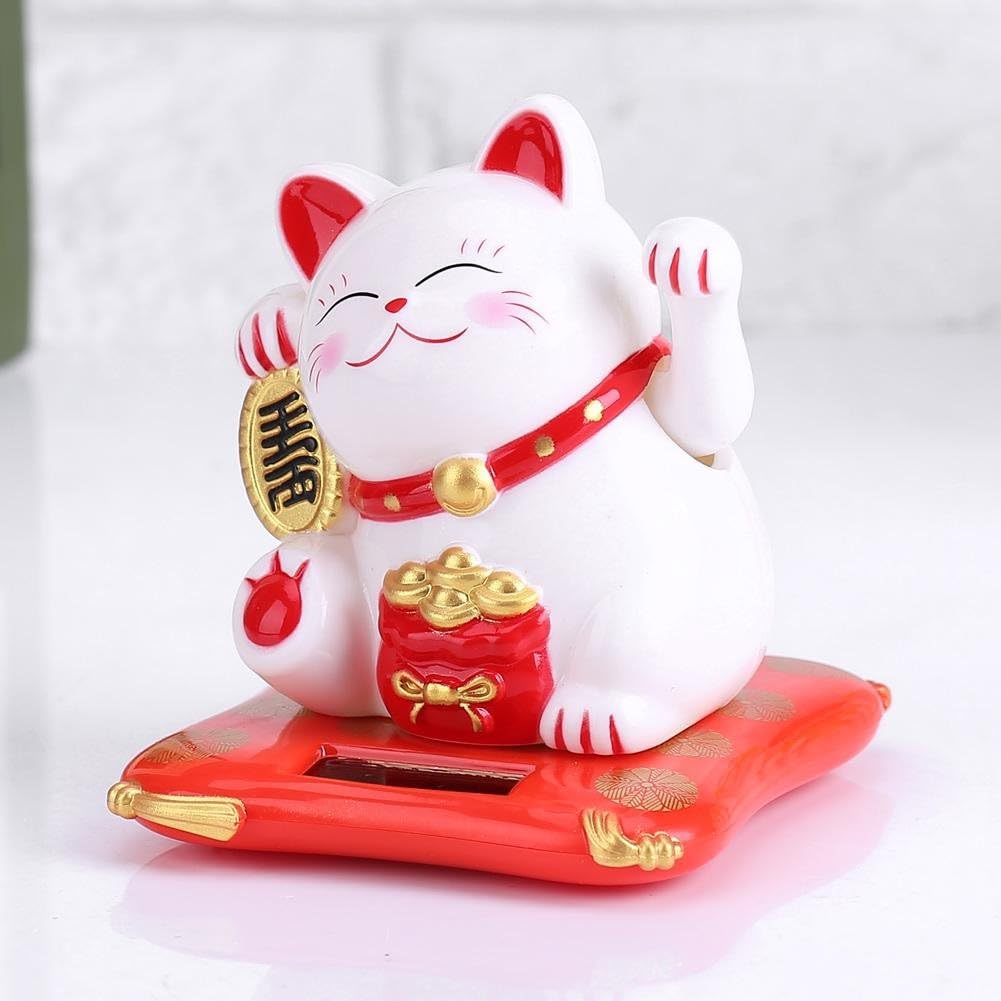 Solar Powered Cute Waving Cat, Maneki Neko Waving Arm for Fortune Money and Good Luck, Fengshui Lucky Cat Swinging Arm for Home Display/Car Decor