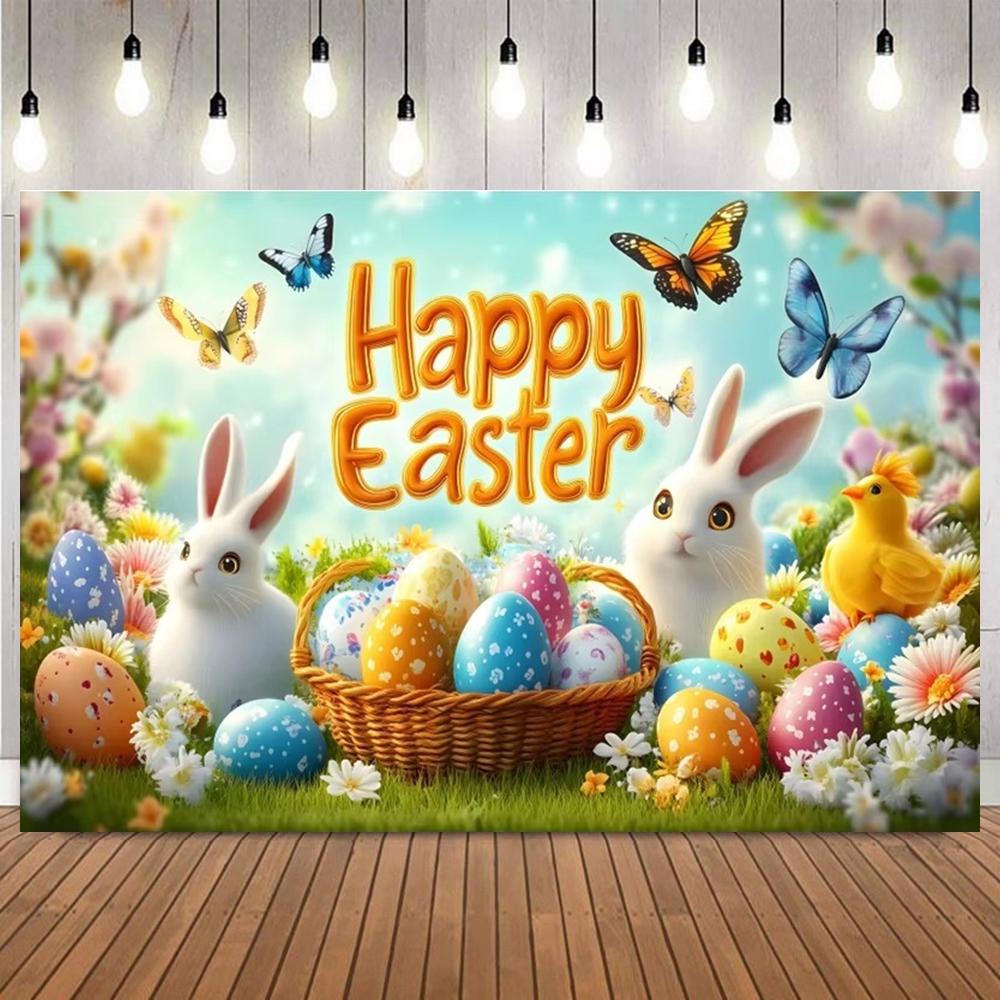 Happy Easter Party Decorations Photography Background Spring Forest Bunny Eggs Children Birthday Photobooth Backdrop Props13