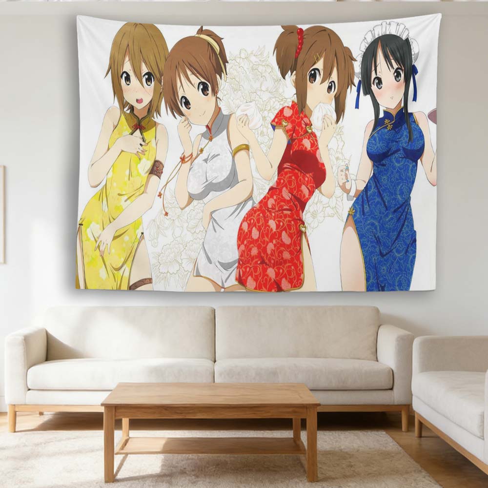 K-K-ON! Anime Girls Qipao Tapestry, Yui Mio Ritsu Tsumugi Wall Hanging, Cute Kawaii Decor for Bedroom Dorm
