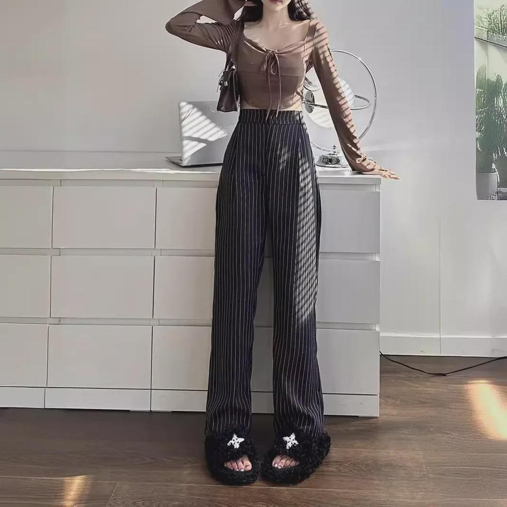 Women's Korean Striped Wide-Leg Pants - Slim, Versatile, Loose Fit for Spring & Autumn 2025