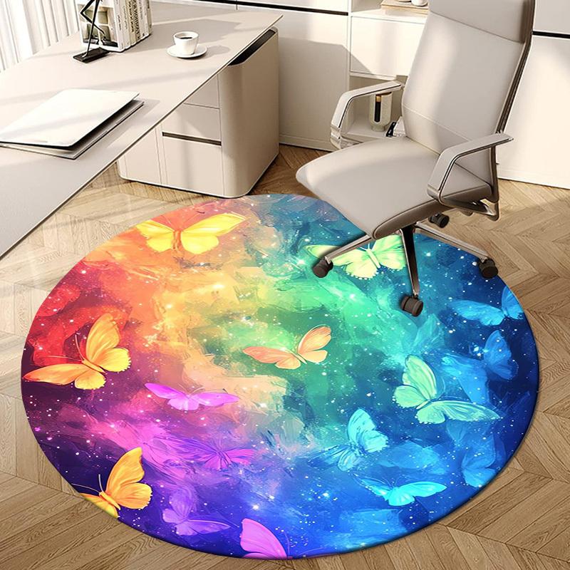 1pc Colorful Butterflies Rainbow Background Round carpet, Made of Polyester,Perfect for Decorating Office Chairs, Living Rooms,Vibrant Decorative Rug