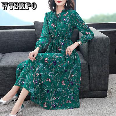Шифоновое платье, женское платье с длинным рукавом и цветочным принтом, тонкое платье средней длины, размера плюс, летнее корейское модное повседневное платье