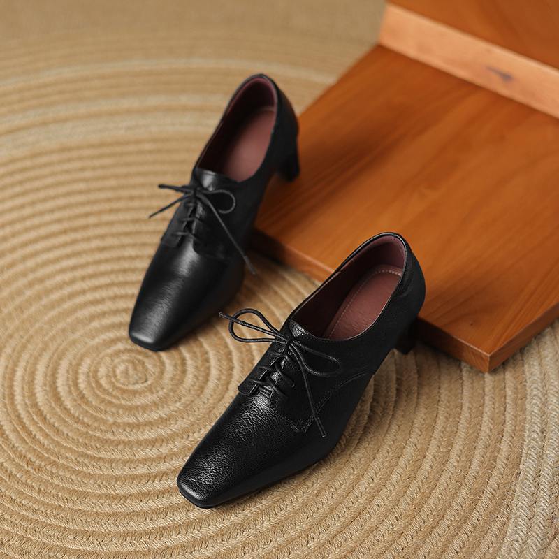 Krazing Pot Sheepskin Spring Summer Size 43 Size 42 Size 41 Chunky Heels Women Square Toe Office Lady Lace Up Pumps