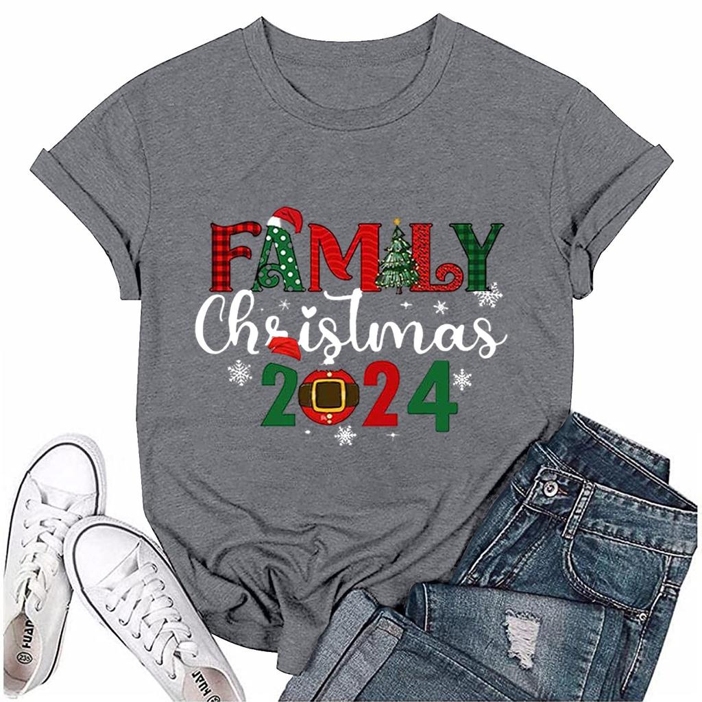 Женский повседневный рождественский принт с короткими рукавами и круглым вырезом, свободный пуловер, топ