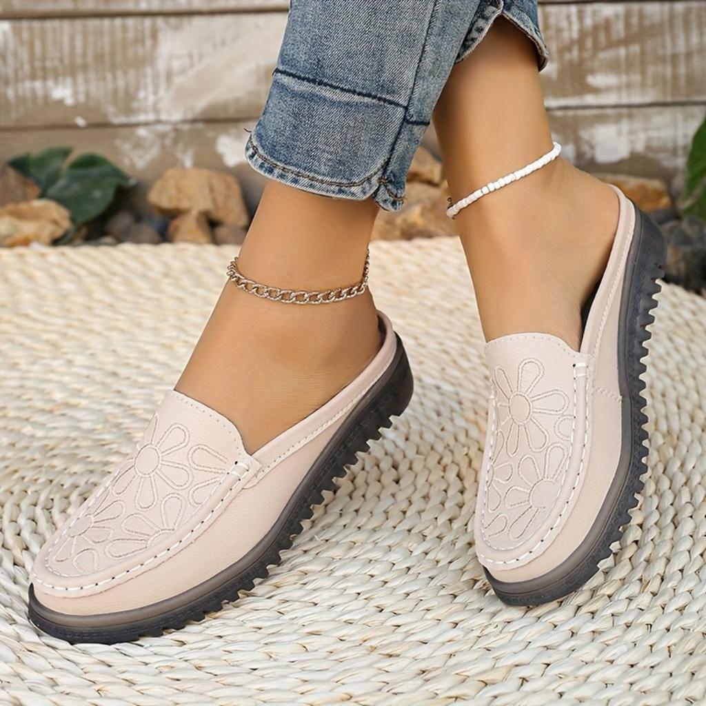 Women's Solid Color Embroidery Mule Shoes, Fashion Hundreds of Flat Shoes, Non-slip Comfortable Casual Women's Shoes