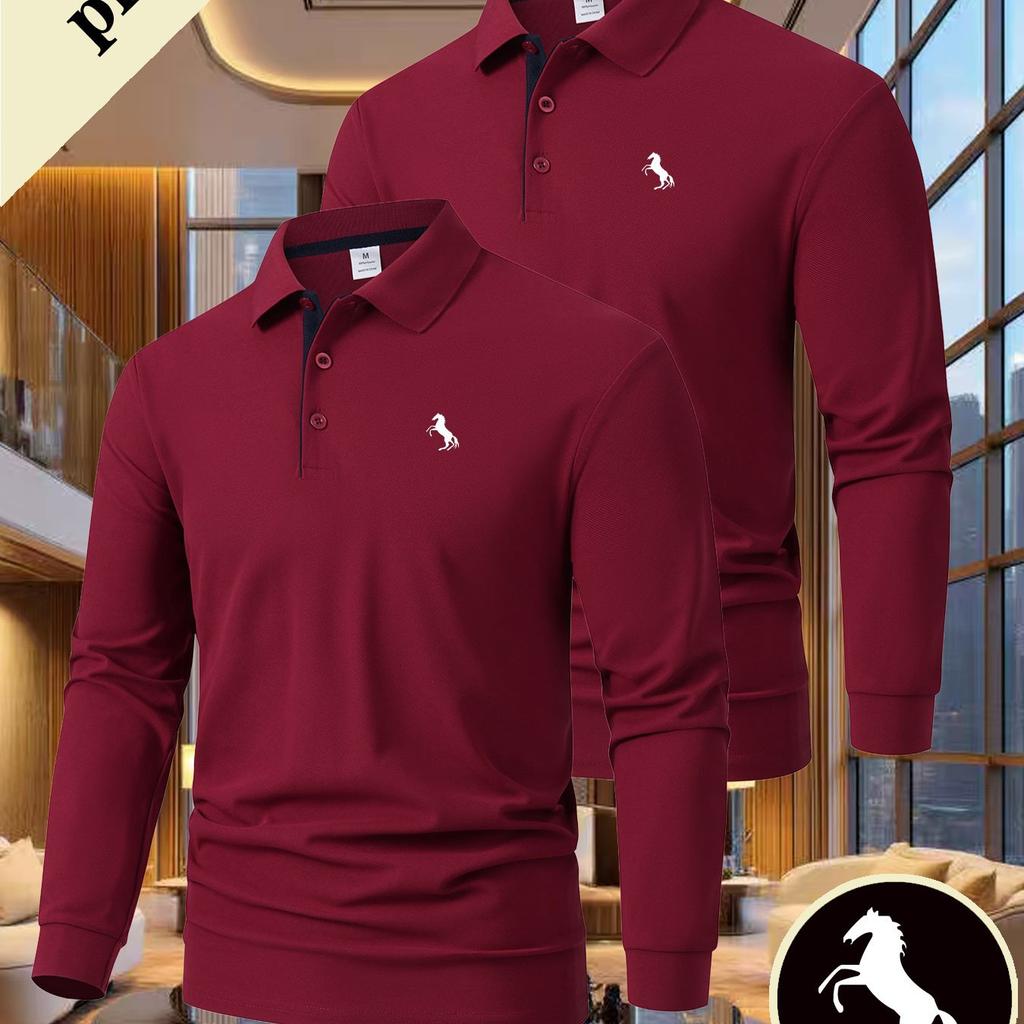 2 шт. Мужские рубашки в стиле business casual, Новый дизайн с длинным рукавом, Рабочий крой, Полиэстеровый материал, Дышащая рубашка-поло для активного отдыха, Гольфа, Бега.