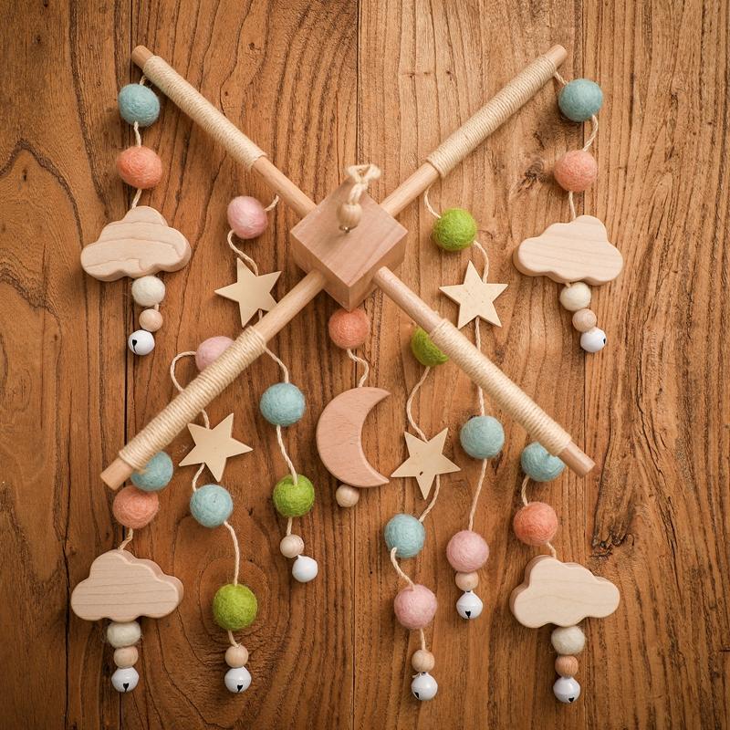 Baby Rattle Crib Mobile Toys 0 -12 Months Star Moon Wooden Bed Bell Musical Box Hairball Nordic Hanging Decor Accessories Gifts