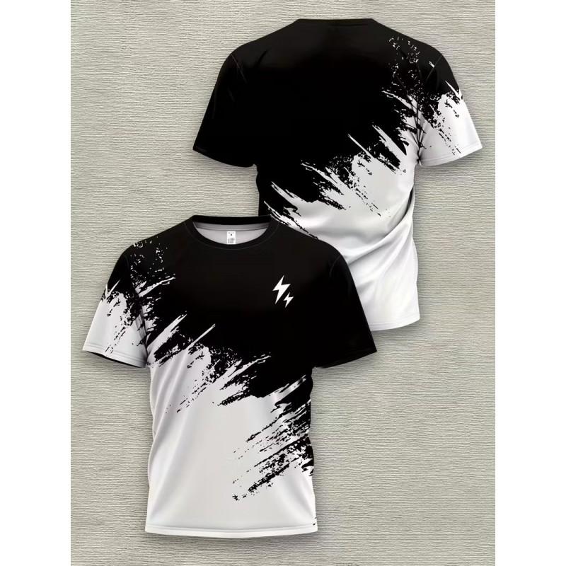Mens Short Sleeve Round Neck T-Shirt With Bold Lightning Print Quick-Dry Breathable Cotton Blend Slim Fit Daily Wear