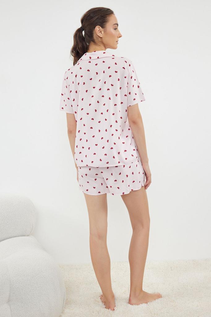 Women's Fashion Pink Striped Heart Patterned Viscose Woven Pajama Set