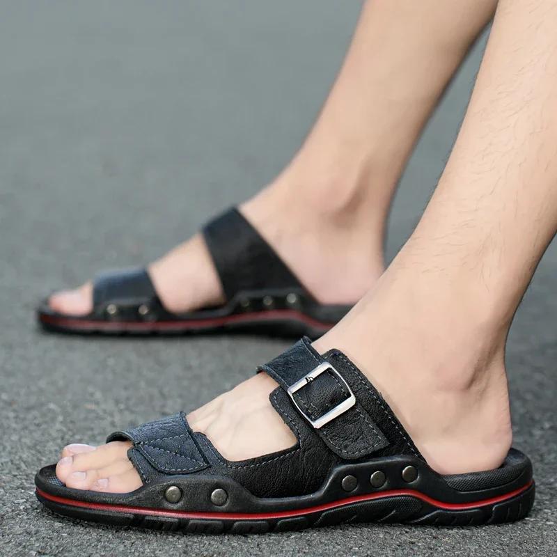 High Quality Casual Leather Sandals Men Comfy All-match Slipper 2025Summer Flat Designer Walking Shoes Beach Breathable Slippers