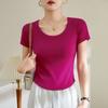 Summer Women's High Stretch Threaded Cotton Short Round Neck Curved Short Sleeve T-Shirt
