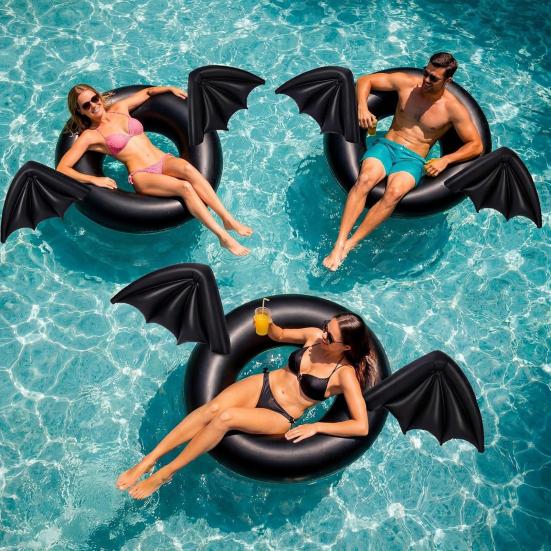 Inflatable Pool Float Creative Bat Wings Decor Black Thickened PVC Swim Ring