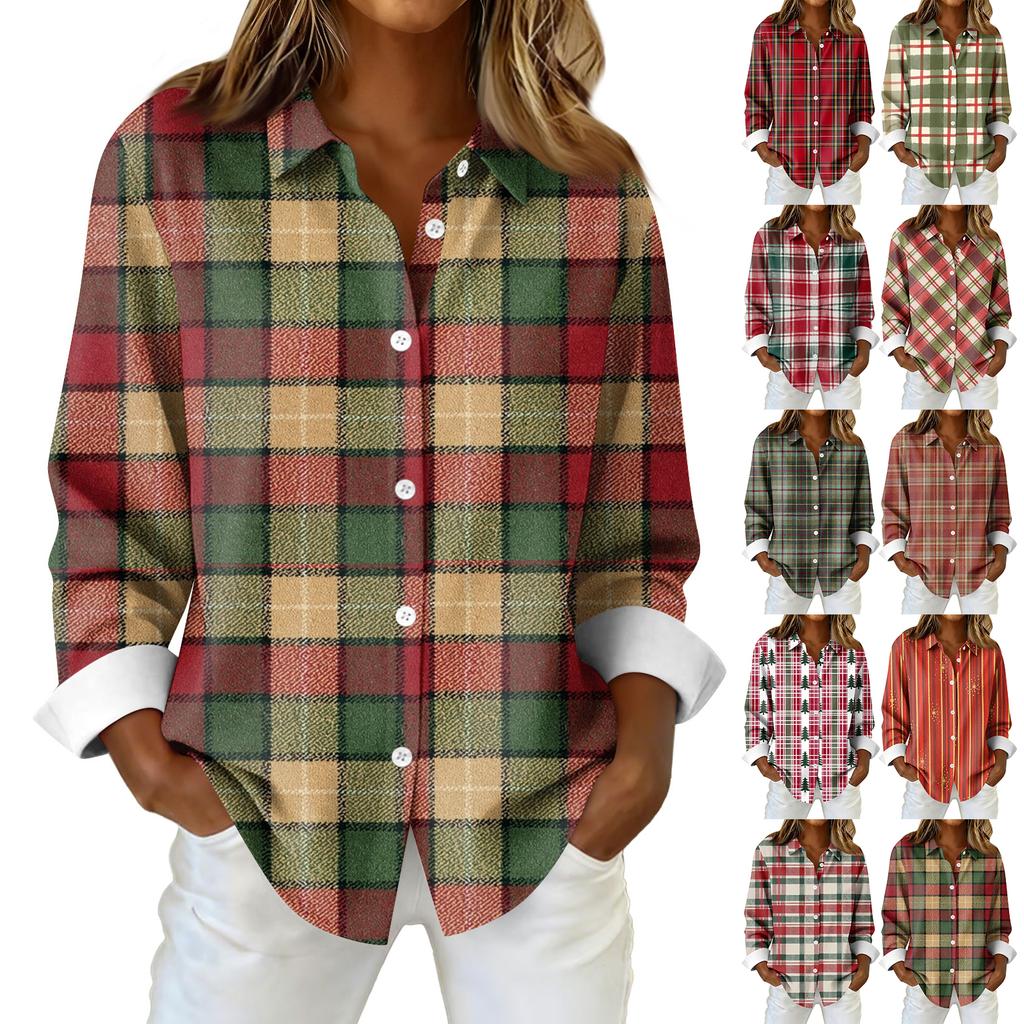 Женская рубашка-блузка с рождественским принтом и пуговицами, длинный рукав, повседневный базовый рубашечный воротник, обычный топ