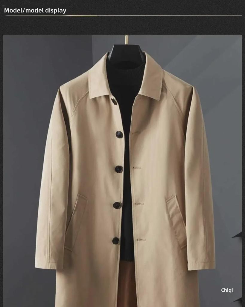 Мужская повседневная однотонная ветровка средней длины с тонкими лацканами на весну и осень