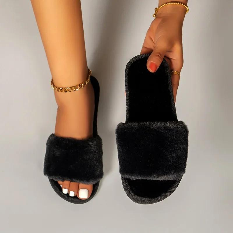 Модные меховые женские тапочки зимние новые модные плюшевые шлепанцы с мелким горлом для дома и улицы повседневные однотонные шлепанцы для спальни туфли на плоской подошве