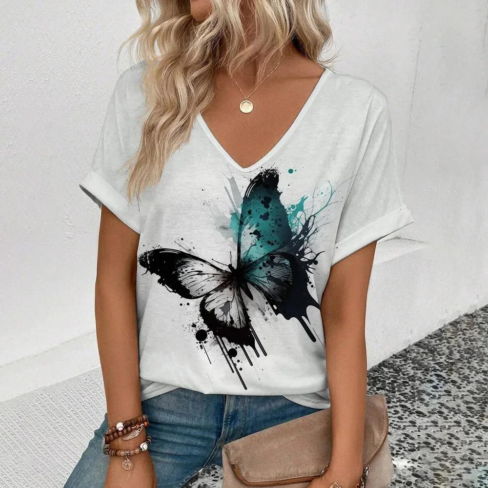 Summer Women T-shirt Butterfly Pattern V-Neck Tops Tees Female Fashion Trend Short Sleeve Clothing Ladies Daily Casual Outfit