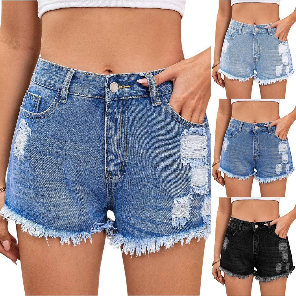 Женские модные трендовые однотонные повседневные шорты из денима с карманами, потертыми краями и отверстиями
