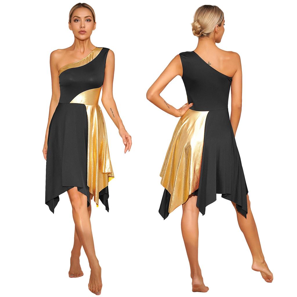 Womens Metallic Worship Praise Dance Dress Color Block One Shoulder Irregular Hem Sleeveless Dresses Dancewear Performance Costume