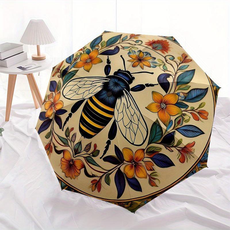 Colorful Bee and Floral Decorative PlateUmbrella with Cute Design, Portable 3-Fold Compact Umbrella for Men & Women, Valentine's Day Mother's Day Hall