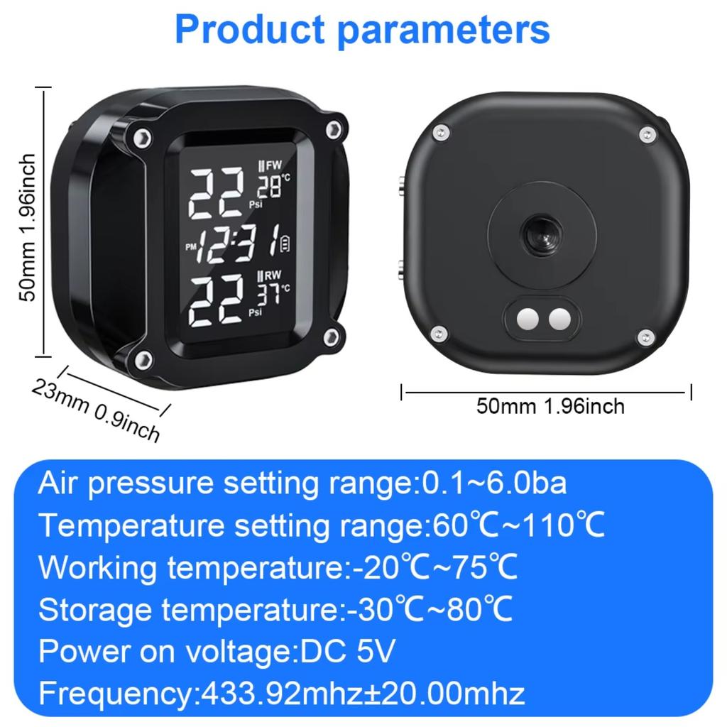 Motorcycle Tire Pressure Monitoring System LCD Display Solar Charging Waterproof Tyre Temperature Alarm Sensor