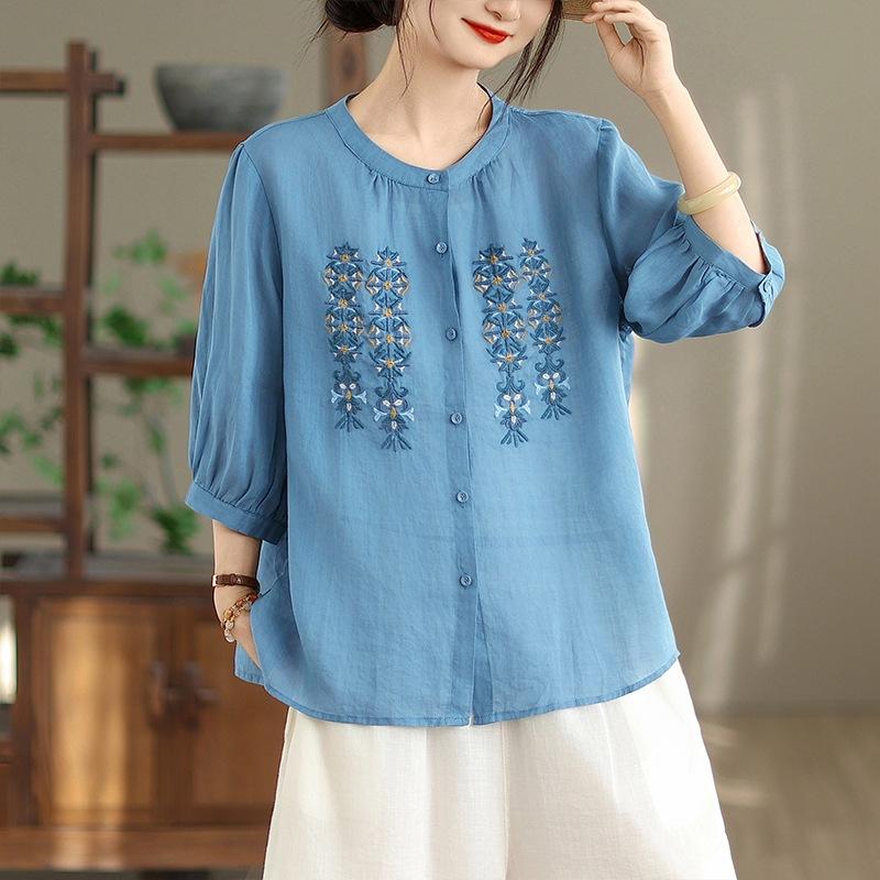 2025 лето новый большой размер тяжелая промышленность вышитая хлопково-льняная рубашка женственность воротник-стойка рубашка вышитый тонкий топ лето