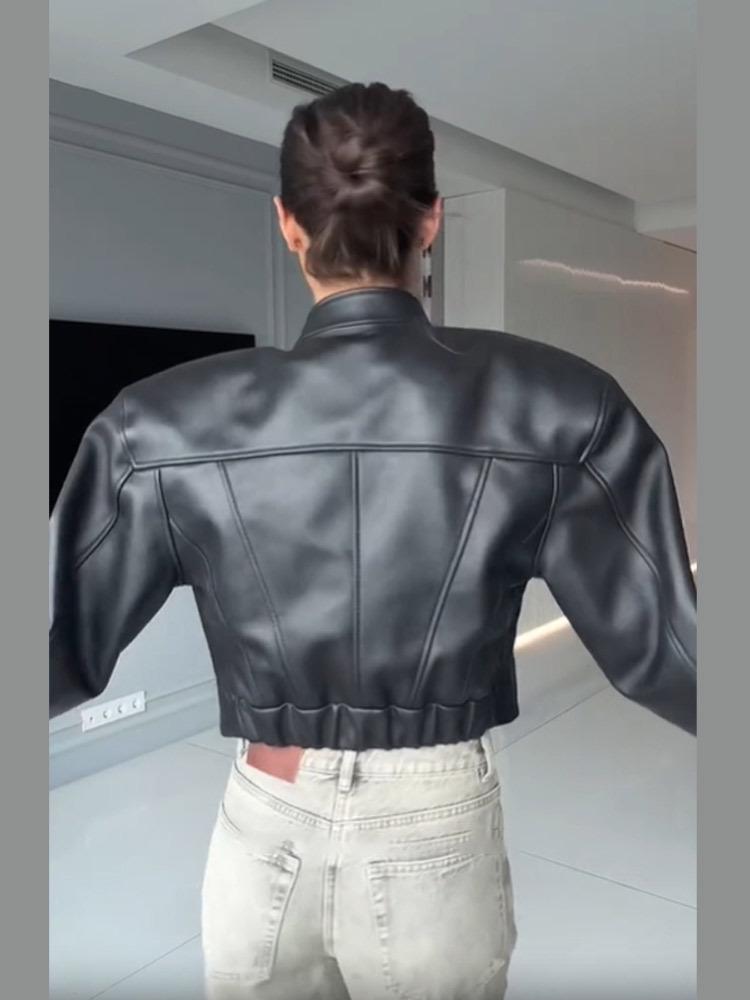 2025 Ретро Кожаная Куртка Приталенного Кроя со Стойкой для Женщин