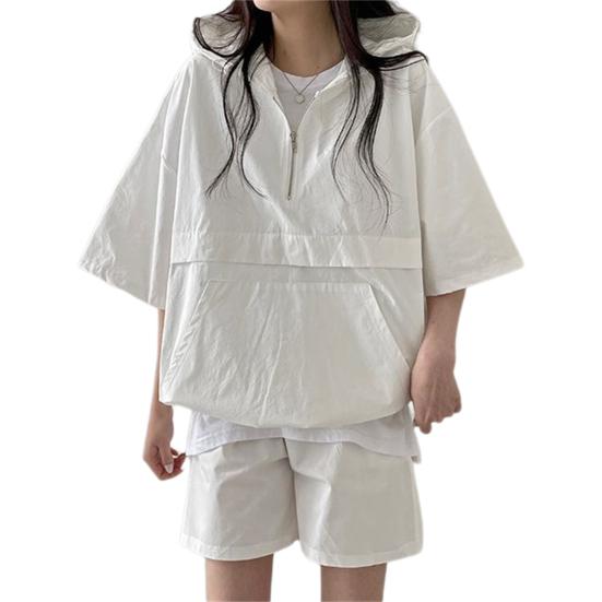 2 Pcs/Set Women Hoodie Shorts Set Half Zipper Hooded Three-quarter Sleeve Loose Big Pocket