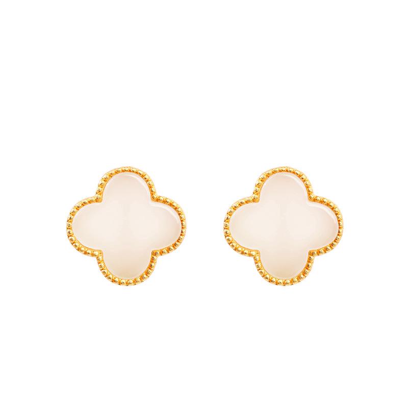 Серьги-пусеты из серебра 925 пробы в стиле Douyin с четырёхлистным клевером и нефритом - Идеальный подарок на праздник 520 для девушки