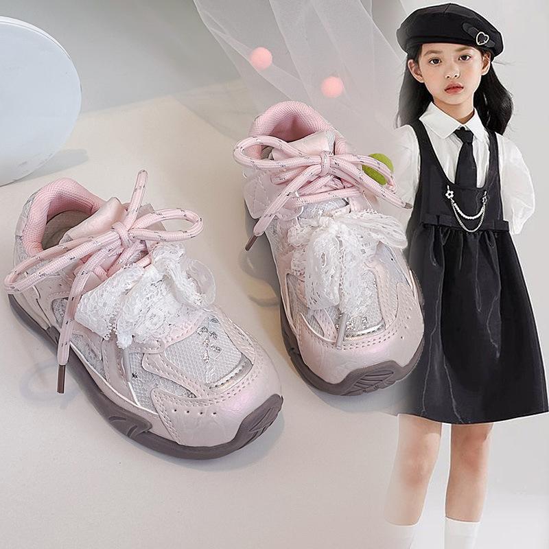 Girls' Solid Color Sneakers2026Summer New Star Mesh Casual Shoes for Children with Lace Bow Running Shoes